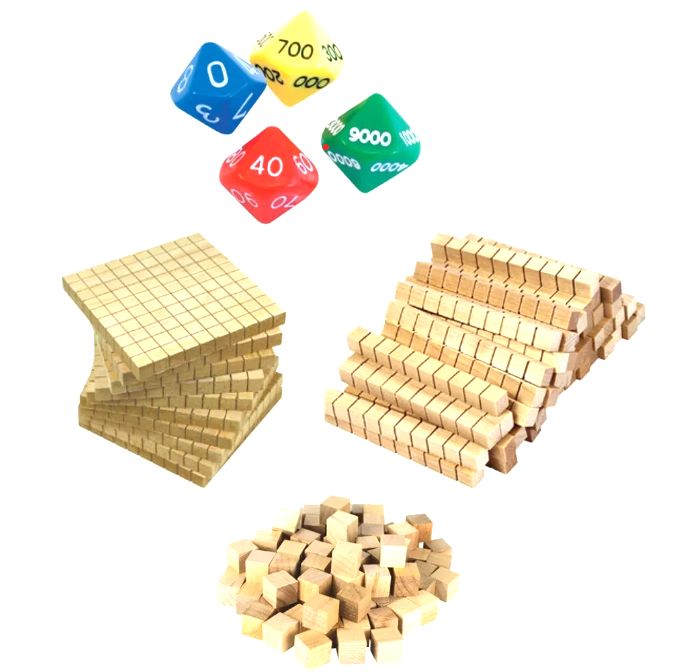 4 x Ten Sided Dice and WOOD MAB's 10 Flats, 10 Longs & 20 Ones Maths Place Value