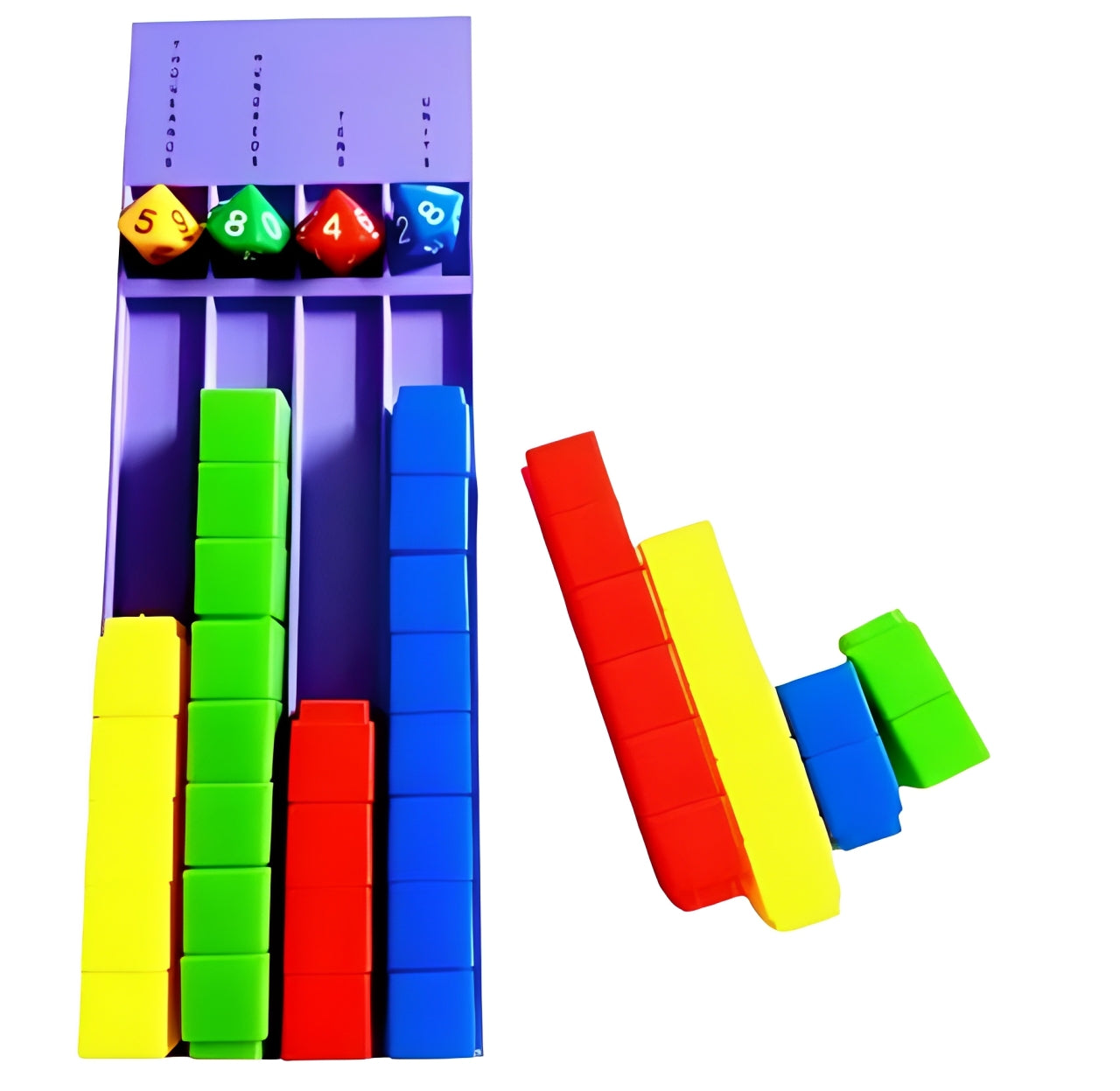 Teaching Four Digit Place Value: 4 x Ten Sided Dice, Place Value Board and 40 Unifix Cubes